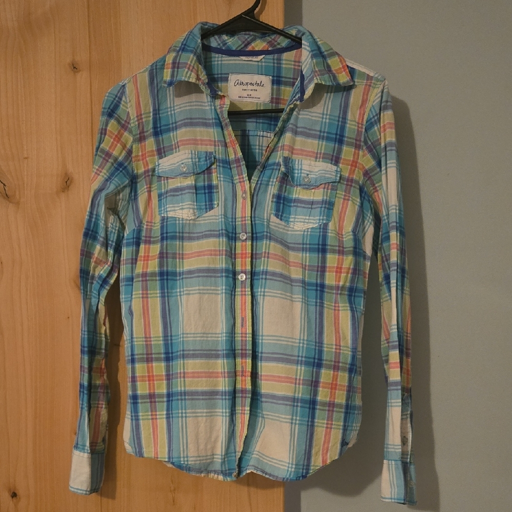 Aeropostale Pastel Plaid Button-Up Shirt in Blue, Yellow, Pink